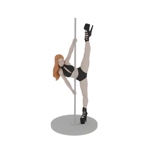 3D model of a female pole dancer in a high-energy pose, balancing on a pole with one leg extended upwards.