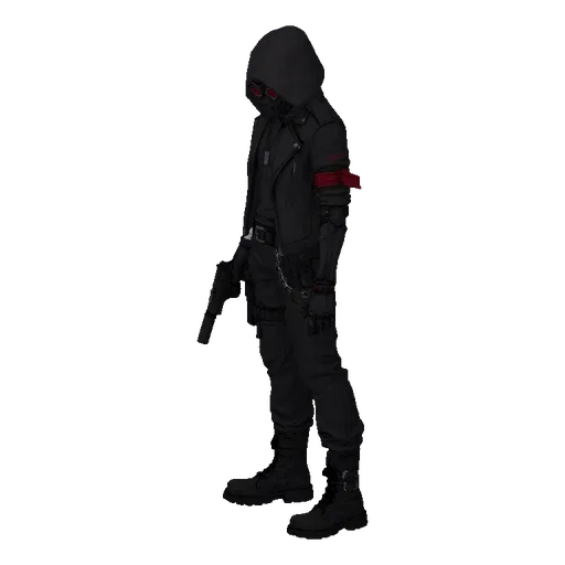 3D model of a dark operative figure wearing a hood and goggles, holding a pistol, with tactical gear.