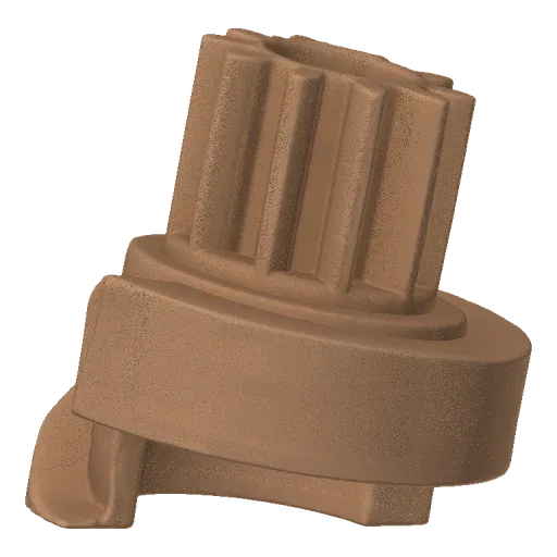 A 3D render of a brown mechanical component with a gear on top and a curved base extending to the side.