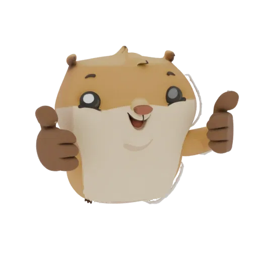 3D model of a cute, cartoonish hamster with brown and cream fur, smiling and giving a thumbs-up with both paws.