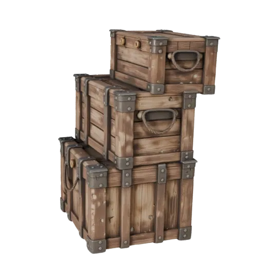 Weathered Crate Realistic 3D model, three-quarter studio render, showing wood planks, stackable massing.