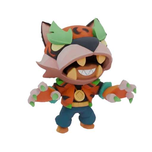 3D model of a fierce Tiger Warrior character with orange and black stripes, sharp teeth, and green claws, posed dynamically.