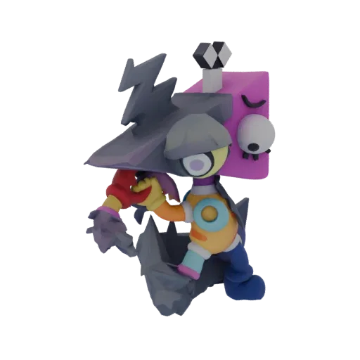A 3D render of a colorful, abstract geometric character with a square head, one eye, and jagged dark elements.