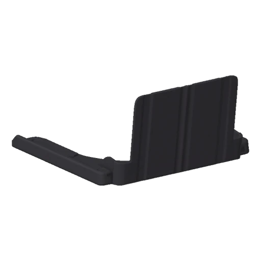 A 3D render of a black, foldable tablet stand with a textured surface, shown from a side-angle.