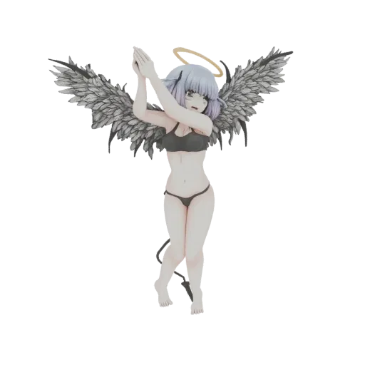 3D model of a fallen angel with large black wings, a golden halo, and a delicate pose, rendered against a white background.