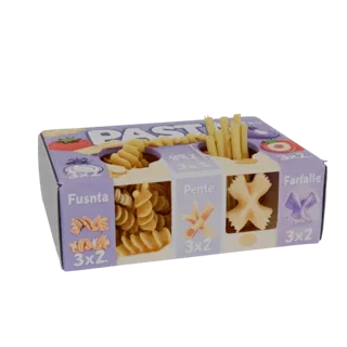 Modelo 3D de caja con tres tipos de pasta: Fusilli, Penne y Farfalle, con imágenes y texturas realistas.