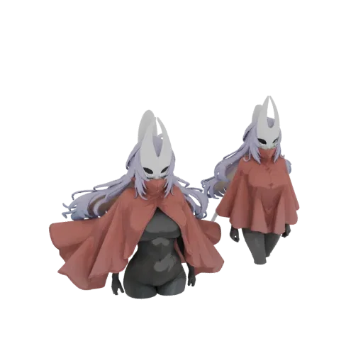 مجسم ثلاثي الأبعاد لهورنت من Hollow Knight بأسلوب الأنمي، ترتدي قناعًا أبيض وعباءة حمراء، بشعر أرجواني.