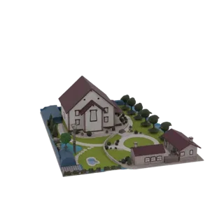 Modelo 3D de vila em miniatura com casa principal, anexos, jardim e lago, renderizado sobre fundo branco.