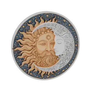 Modelo 3D del Sol y la Luna como pareja celestial, con el rostro dorado y los rayos del Sol fusionándose con el perfil platea