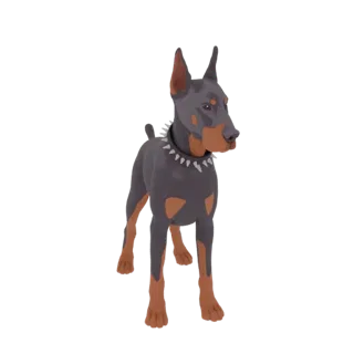 Modelo 3D de cão Doberman em pose alerta, usando coleira de espinhos, com coloração marrom escura e castanha.