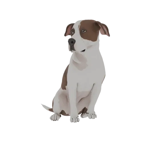 3D model of a brown and white Pitbull Terrier sitting and looking to the side.