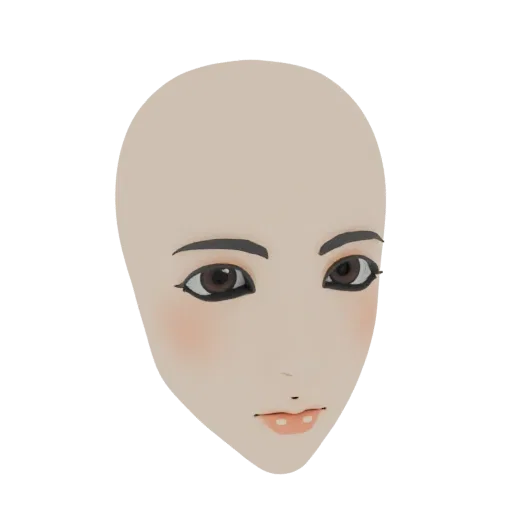 3D-Modell eines stilisierten weiblichen Gesichts mit sanftem Rouge, dunklem Eyeliner und natürlichen Lippen, vor weißem Hinte
