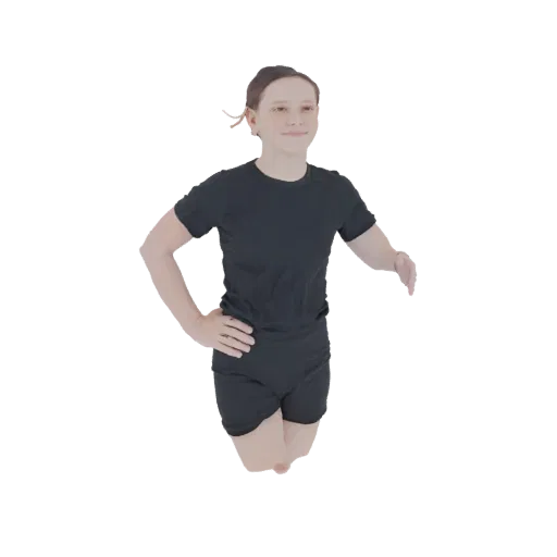 Modelo 3D de jovem mulher em roupa esportiva preta, em pé com uma mão no quadril e a outra estendida.