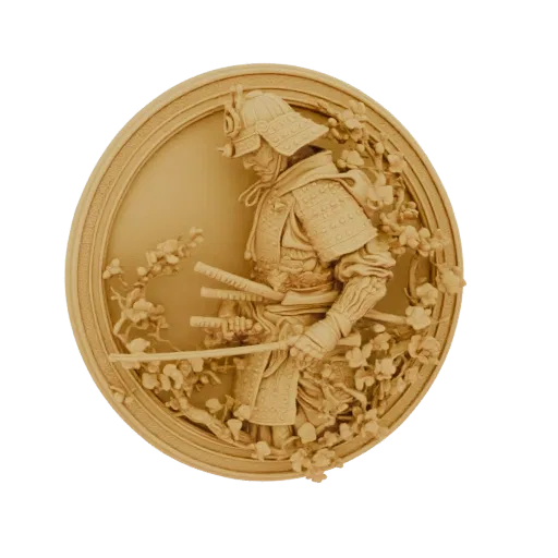 3D model of a samurai warrior in ornate armor, holding swords, with cherry blossoms in relief against a circular background.