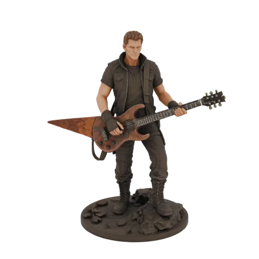 3D model of Mad Max guitarist with unique guitar, standing on a base