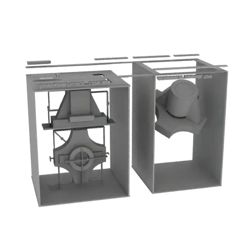 3D model of an industrial gearbox assembly, showing intricate gears and housing in a grey render.