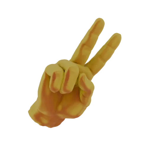 Un rendering 3D di una mano dorata che fa il gesto del segno della pace su sfondo bianco.