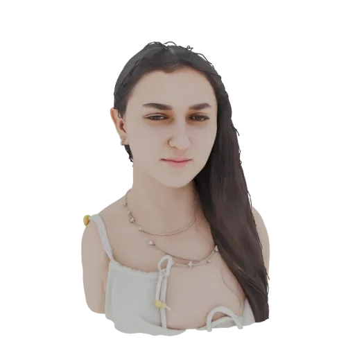 Preview render of an AI-generated 3D model of a young woman with long dark hair, wearing a white top and a necklace.