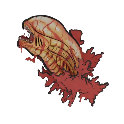 3D model of a Xenomorph head with its inner jaw extended, bursting out of a stylized red blood splatter effect.