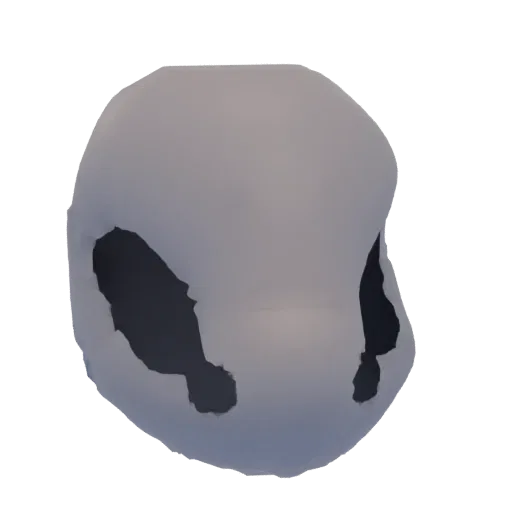 Un rendering 3D di un teschio astratto con una superficie grigio chiaro e liscia e due orbite oculari profonde e scure.