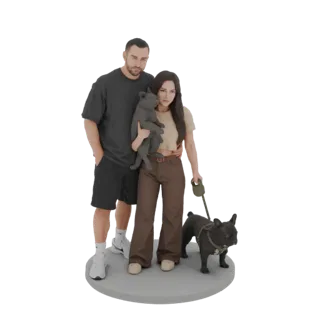 3D model of a couple holding a puppy and standing with a larger French Bulldog on a circular base.