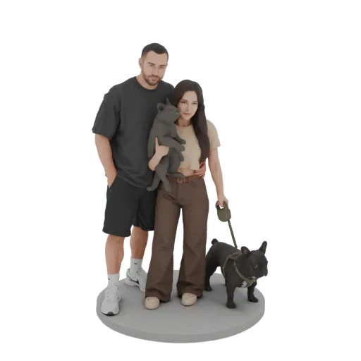 3D model of a couple holding a puppy and standing with a larger French Bulldog on a circular base.