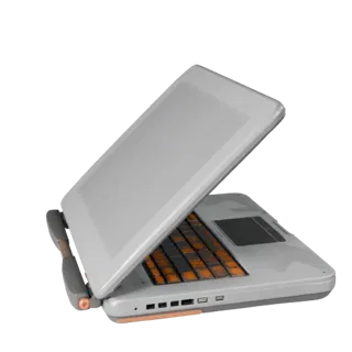 Rugged Convertible Notebook Stylized 3D model, stylized isometric render, showing brushed metal, open lid angle.