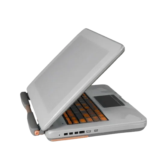 Rugged Convertible Notebook Stylized 3D model, stylized isometric render, showing brushed metal, open lid angle.