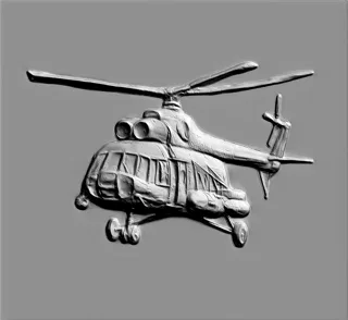 Modèle 3D hélicoptère Mi-8 style bas-relief, vue de côté, avec pales et train d'atterrissage détaillés