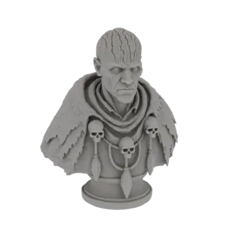 3D-Modell-Rendering einer Grabwächter-Büste mit strengem Gesichtsausdruck, einem zerrissenen Umhang und einer Totenkopf-Halsk