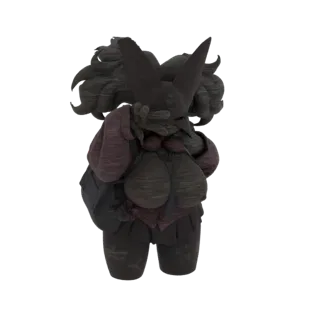 Modèle 3D de Félinferno avec une texture sombre semblable à du bois, adoptant une pose ludique avec les mains près du visage.