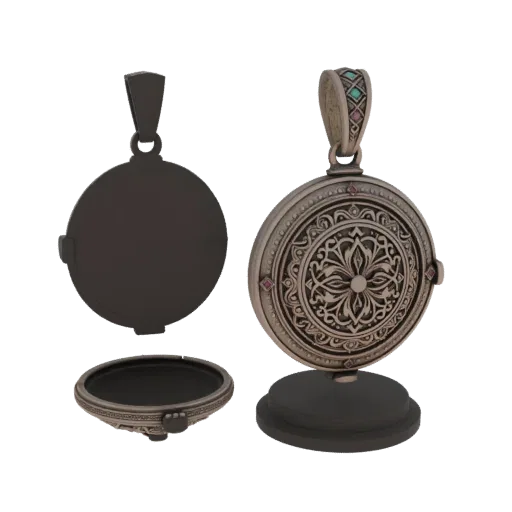 Ornate Locket collectible detail 3D model, top-down studio render, showing pendant silhouette and surface contrast.