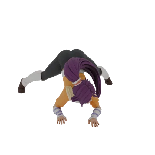 3D model of an anime girl with purple hair in a jackknife pose, wearing an orange top and dark leggings.