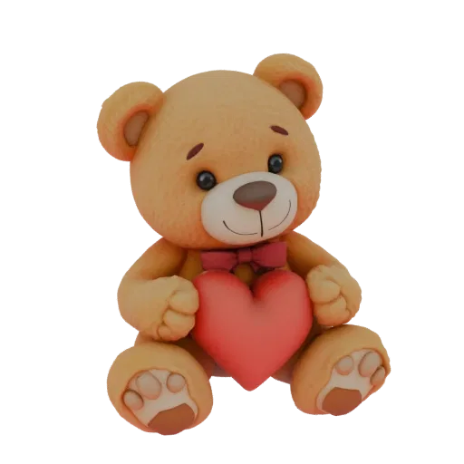 3D model of a cute, fuzzy teddy bear sitting and holding a red heart, with a soft, warm appearance.