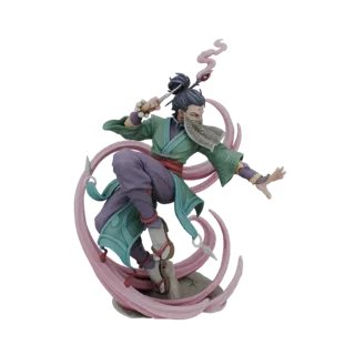 3D model of a male martial artist in a dynamic pose, wearing a green robe and purple pants, with a pink scarf swirling around