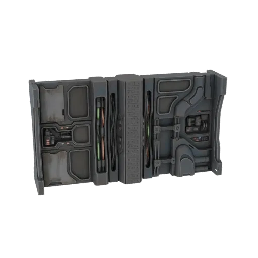 3D-Modell eines Sci-Fi Industriepanels mit Rohren, Kabeln und mechanischen Details, vor weißem Hintergrund gerendert.