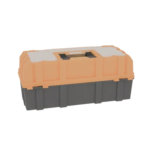 A 3D render of a closed orange and gray toolbox with a central handle, isolated on a white background.