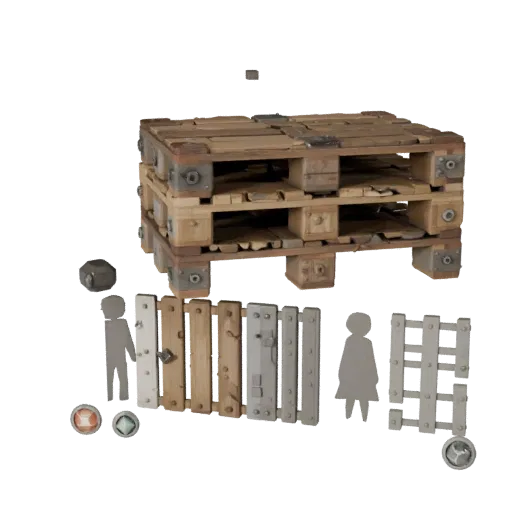 Weathered Wooden Pallet Low Poly 3D model, game viewport three-quarter view, showing wood planks, stackable massing.