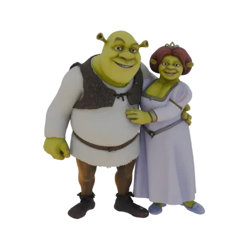 Modelo 3D de Shrek y la Princesa Fiona de pie juntos, sonriendo, con el brazo de Shrek alrededor de Fiona.