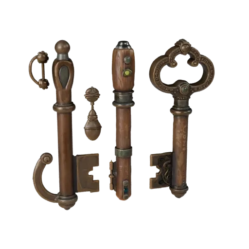 Cursed Loot Key Realistic 3D model, three-quarter studio render, showing aged wood, clear pickup silhouette.