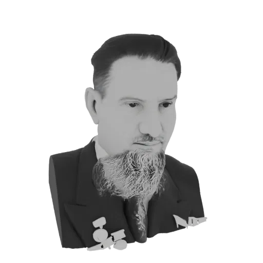 3D model render of a distinguished gentleman with a full beard, wearing a suit and two medals on his lapel, presented in gray