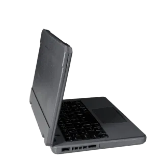 Rugged Convertible Notebook Low Poly 3D model, game viewport three-quarter view, showing brushed metal, open lid angle.
