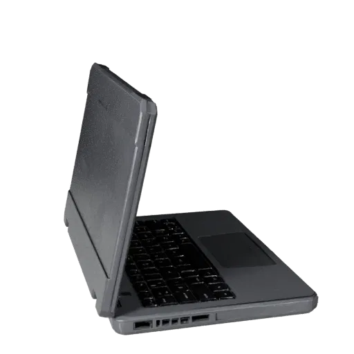 Rugged Convertible Notebook Low Poly 3D model, game viewport three-quarter view, showing brushed metal, open lid angle.