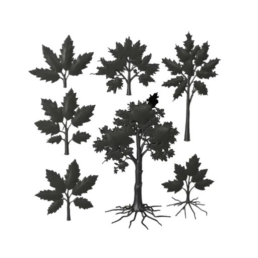Dead Tree Silhouettes Modular 3D model, isometric modular kit view, showing leaf clusters, layered vegetation clusters.