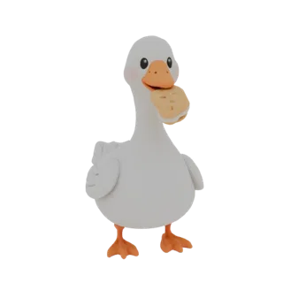 3D model of a cute white goose with an orange beak holding a cookie in its mouth, on a white background