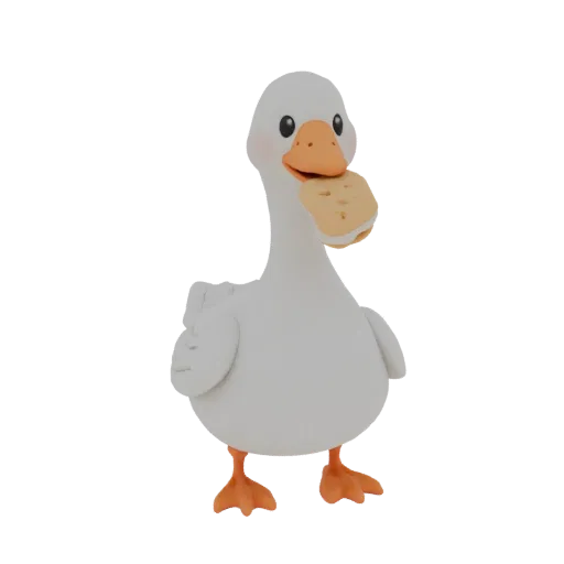 3D model of a cute white goose with an orange beak holding a cookie in its mouth, on a white background