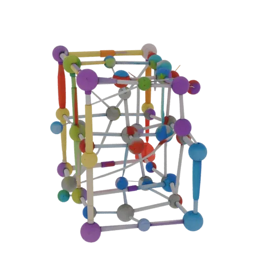 Protein Crystal Lattice Education 3D model, three-quarter training render, showing colored spheres, molecule layout.