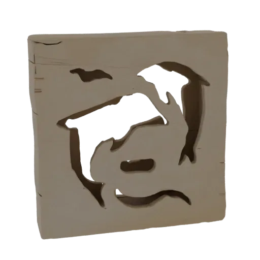 3D model of a world map silhouette with dolphins cut out, appearing to swim across the continents.