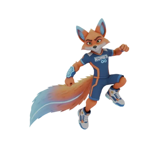 3D model of an athletic fox mascot in a blue and orange uniform, leaping with its tail extended.