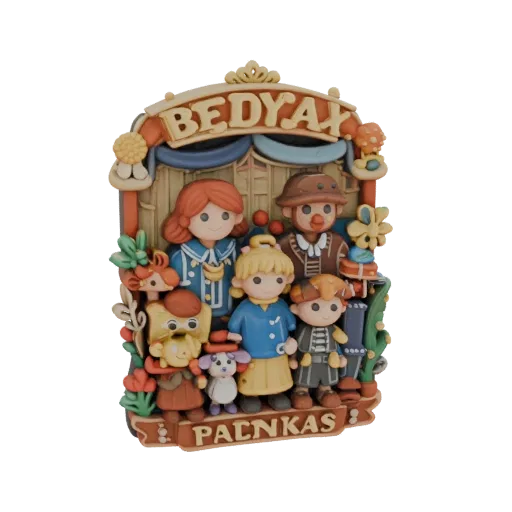 3D model of "Happiness in the Home" amulet magnet in Karelian style with a family depiction and inscriptions.